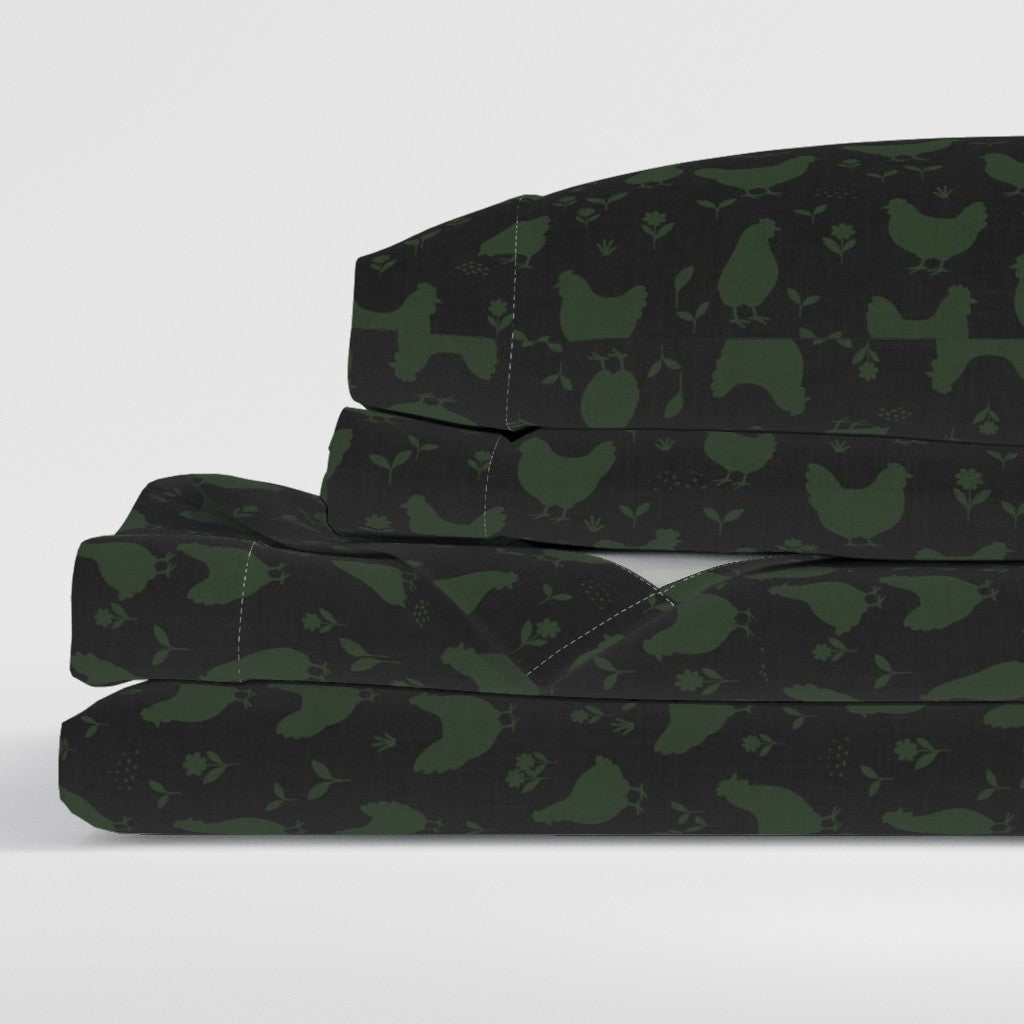 Country Farmhouse Chickens + Flowers on Linen Look Sheet Set — Medium Scale — black + green (2) colorway