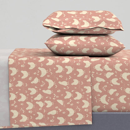 Country Farmhouse Chickens + Flowers on Linen Look Sheet Set — Medium Scale — cream + pink