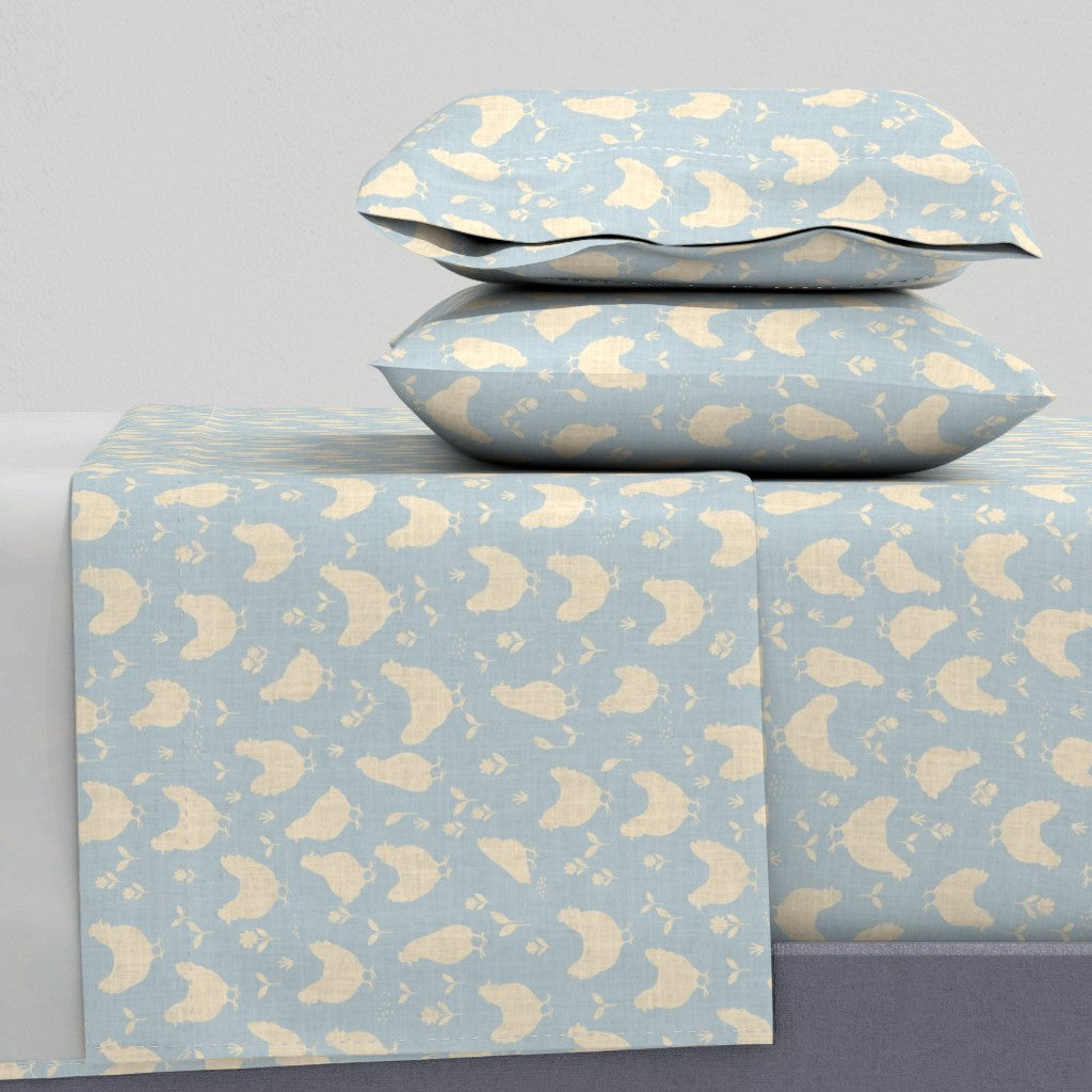 Country Farmhouse Chickens + Flowers on Linen Look Sheet Set — Medium Scale — light blue
