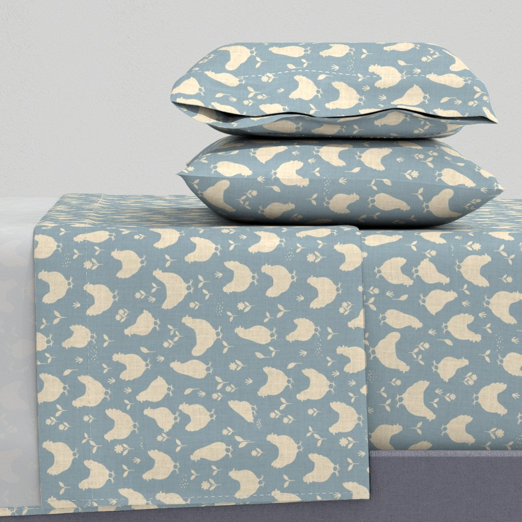 Country Farmhouse Chickens + Flowers on Linen Look Sheet Set — Medium Scale — blue + cream