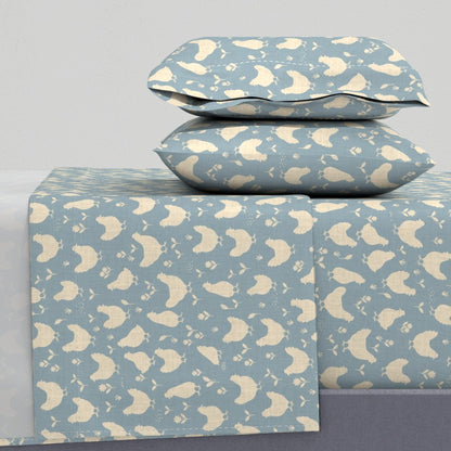 Country Farmhouse Chickens + Flowers on Linen Look Sheet Set — Medium Scale — blue + cream