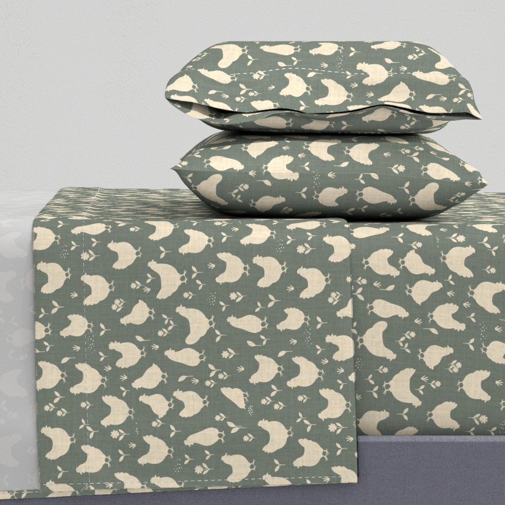 Country Farmhouse Chickens + Flowers on Linen Look Sheet Set — Medium Scale — sage + cream