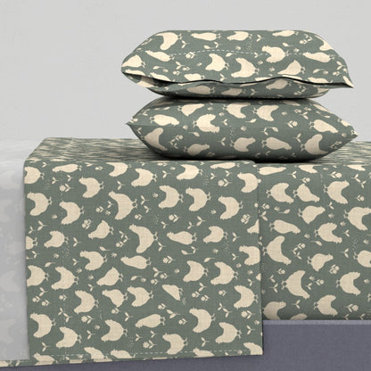 Country Farmhouse Chickens + Flowers on Linen Look Sheet Set — Medium Scale — sage + cream