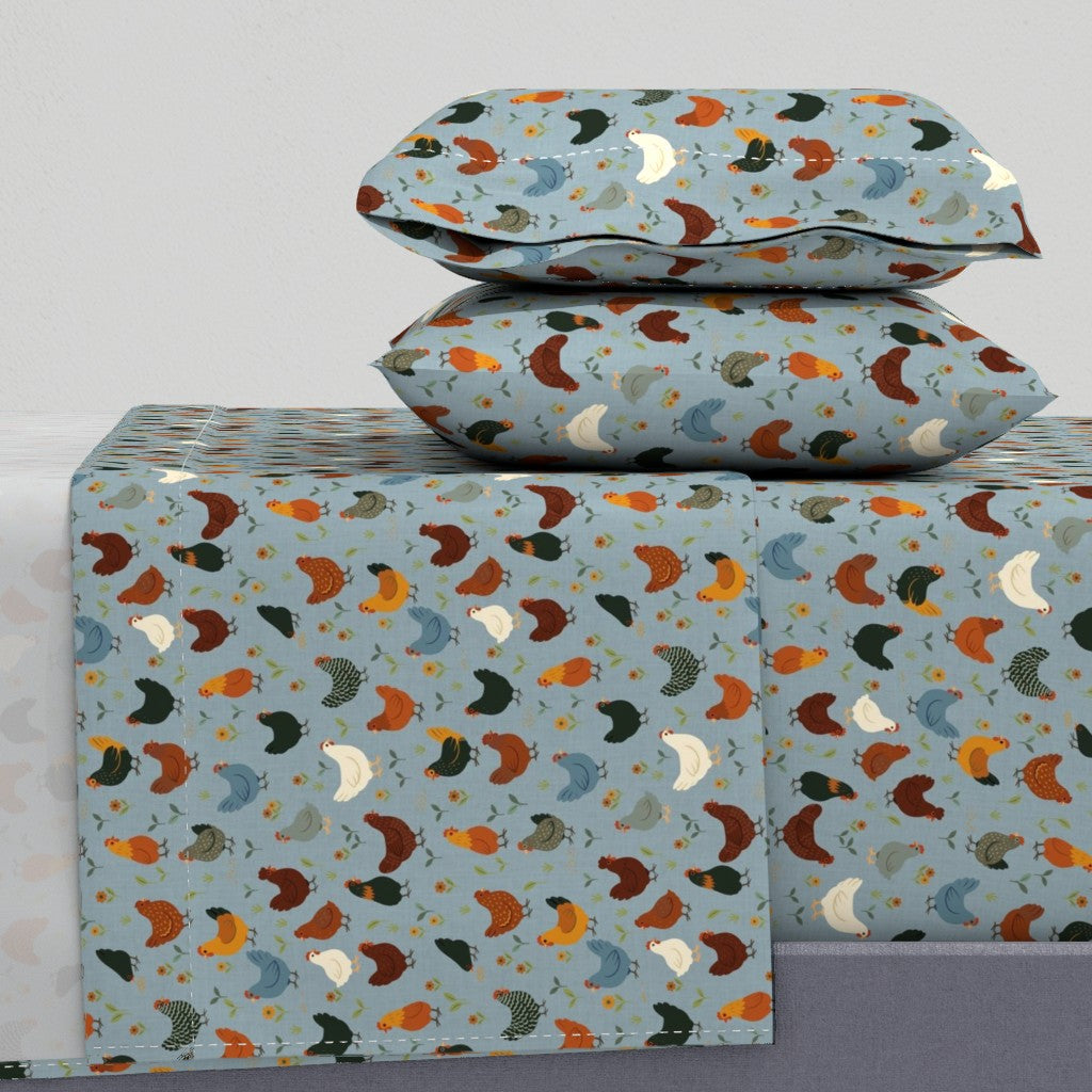 Country Hens with Sunflowers in Folk Farmstead Style Sheet Set — Medium Scale — slate