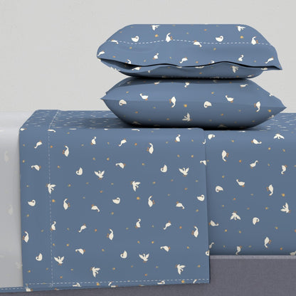 Cheerful Country Geese & Tiny Flowers Sheet Set — Small Scale — soft navy blue