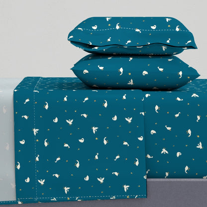 Cheerful Country Geese & Tiny Flowers Sheet Set — Small Scale — dark blue marine