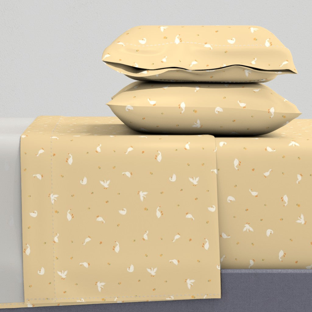 Cheerful Country Geese & Tiny Flowers Sheet Set — Small Scale — butter cream yellow