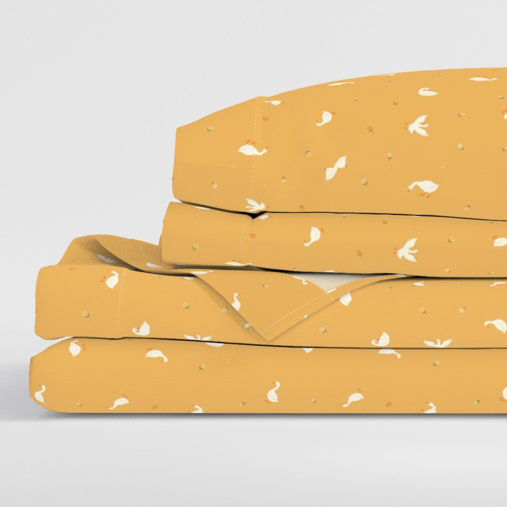 Cheerful Country Geese & Tiny Flowers Sheet Set — Small Scale — goldenrod yellow colorway
