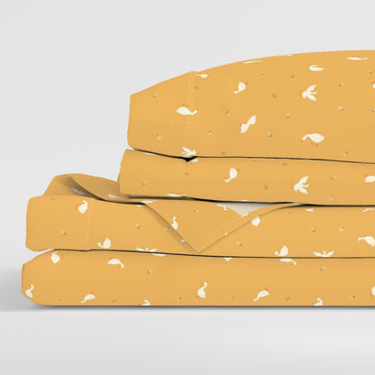 Cheerful Country Geese & Tiny Flowers Sheet Set — Small Scale — goldenrod yellow colorway