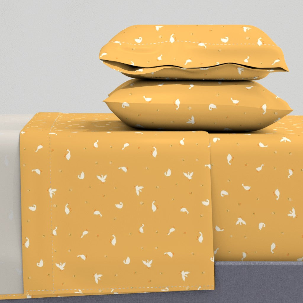 Cheerful Country Geese & Tiny Flowers Sheet Set — Small Scale — goldenrod yellow