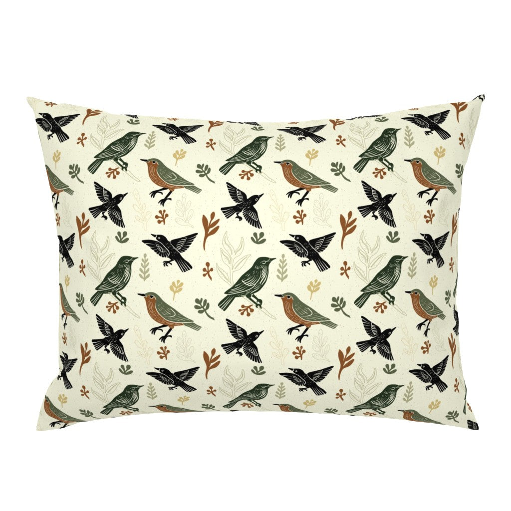 Woodland Garden Birds Pillow Sham — Medium Scale — soft cream