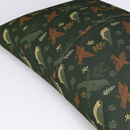Woodland Garden Birds Pillow Sham — Medium Scale — deep green colorway