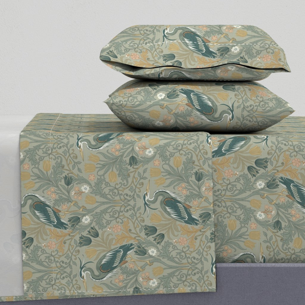 Heron with tulips and botanical vines in William Morris-Inspired style Sheet Set — Large Scale — sage