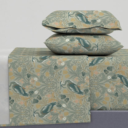Heron with tulips and botanical vines in William Morris-Inspired style Sheet Set — Large Scale — sage