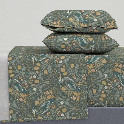 Heron with tulips and botanical vines in William Morris-Inspired style Sheet Set — Large Scale — steel