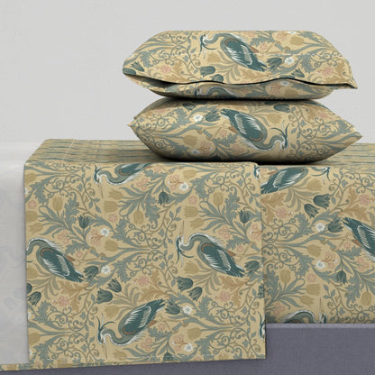 Heron with tulips and botanical vines in William Morris-Inspired style Sheet Set — Large Scale — khaki