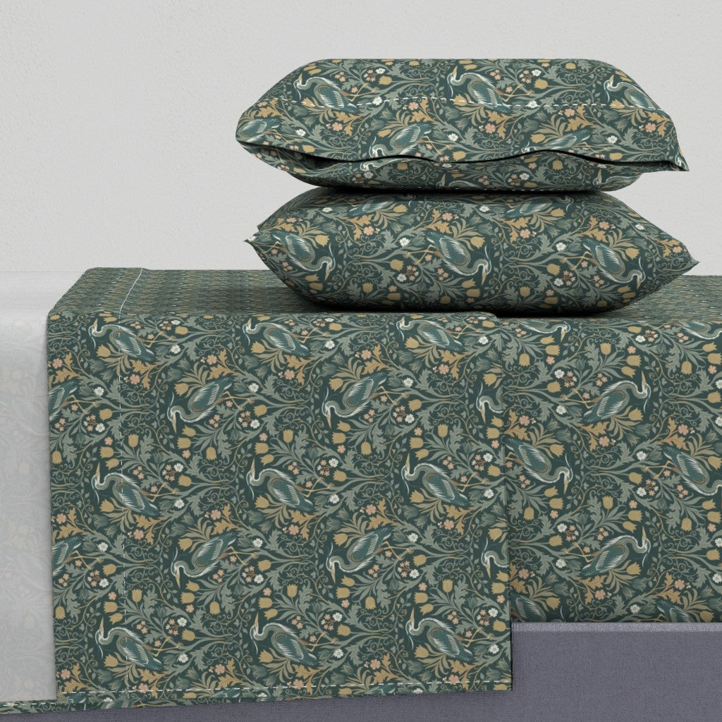Heron with tulips and botanical vines in William Morris-Inspired style Sheet Set — Small Scale — forest