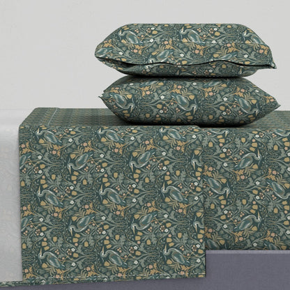 Heron with tulips and botanical vines in William Morris-Inspired style Sheet Set — Small Scale — forest