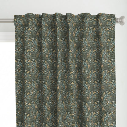 Heron with tulips and botanical vines in William Morris-Inspired style Curtains — Small Scale — green