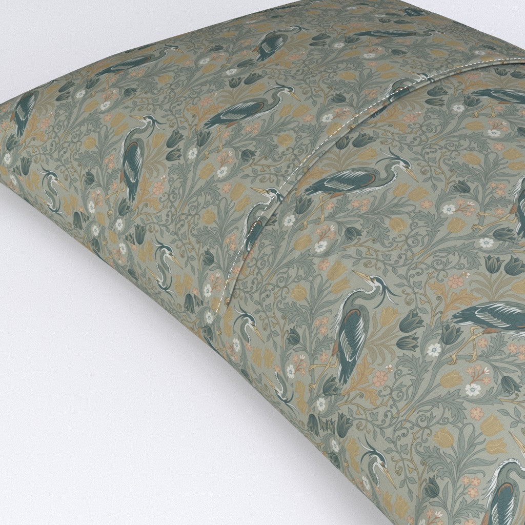 Heron with tulips and botanical vines in William Morris-Inspired style Pillow Sham — Small Scale — sage colorway