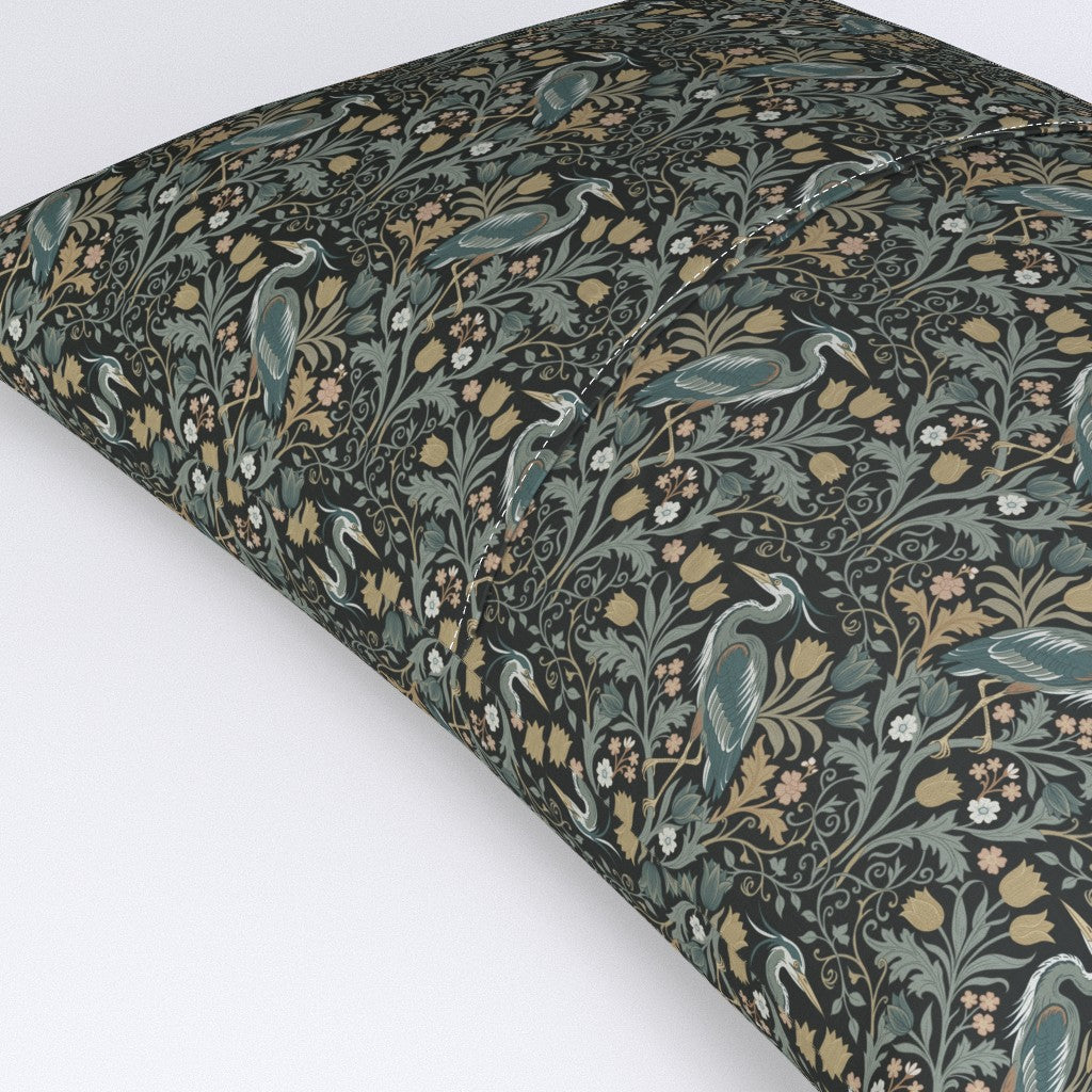 Heron with tulips and botanical vines in William Morris-Inspired style Pillow Sham — Small Scale — black colorway