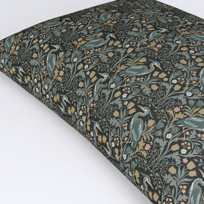 Heron with tulips and botanical vines in William Morris-Inspired style Pillow Sham — Small Scale — black colorway