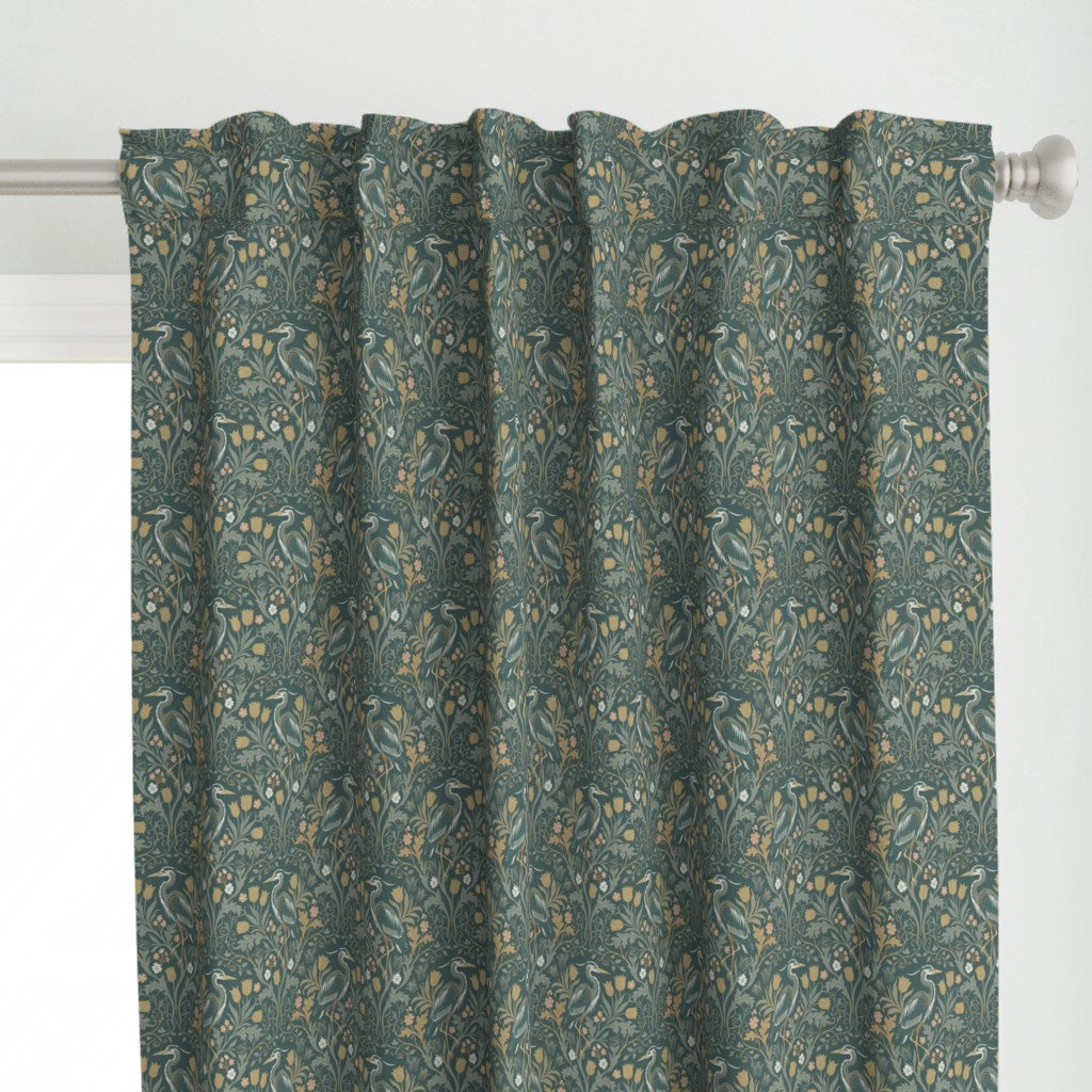 Heron with tulips and botanical vines in William Morris-Inspired style Curtains — Small Scale — teal