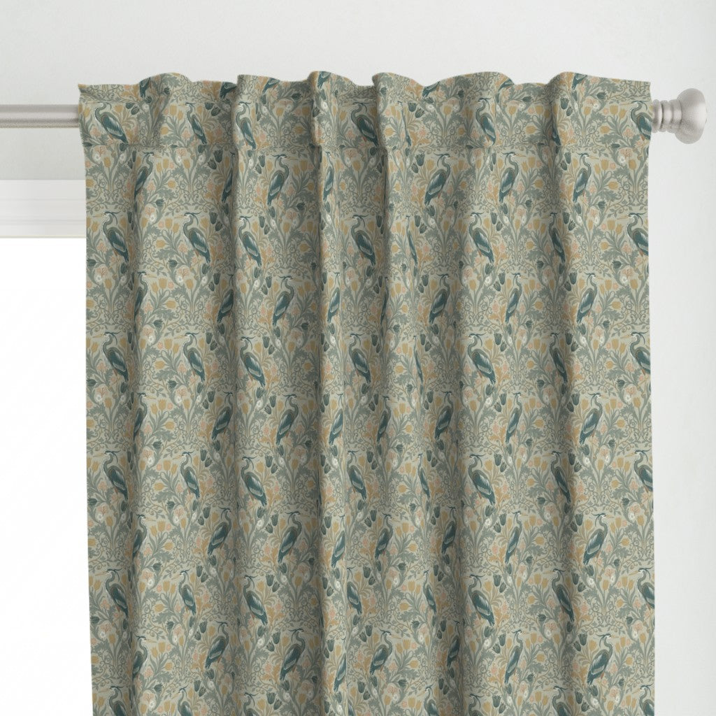 Heron with tulips and botanical vines in William Morris-Inspired style Curtains — Small Scale — tan