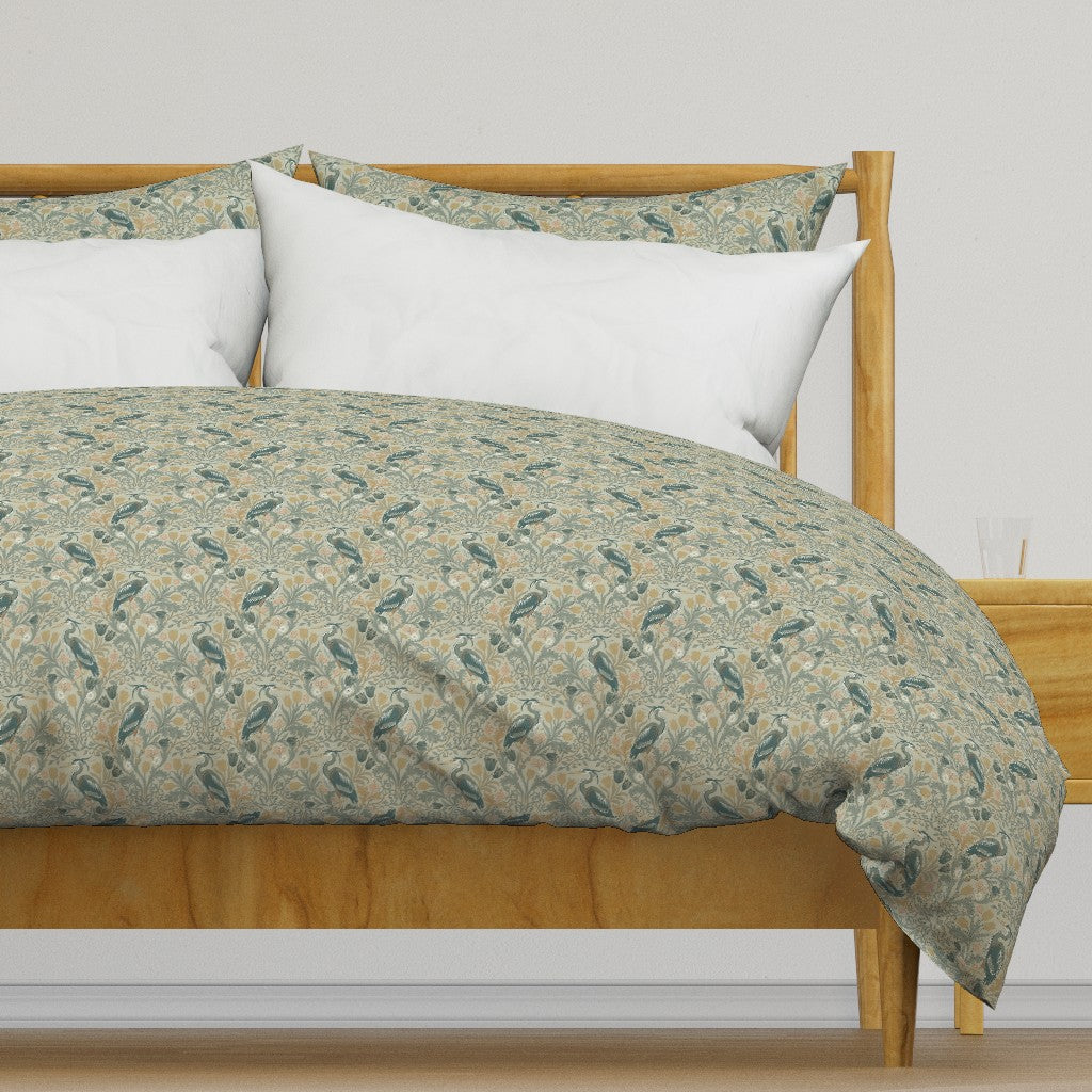 Heron with tulips and botanical vines in William Morris-Inspired style Duvet Cover — Small Scale — tan