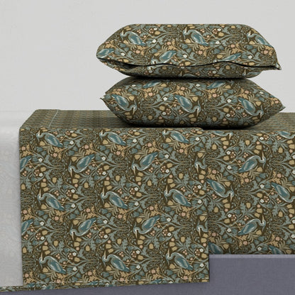 Heron with tulips and botanical vines in William Morris-Inspired style Sheet Set — Small Scale — brown