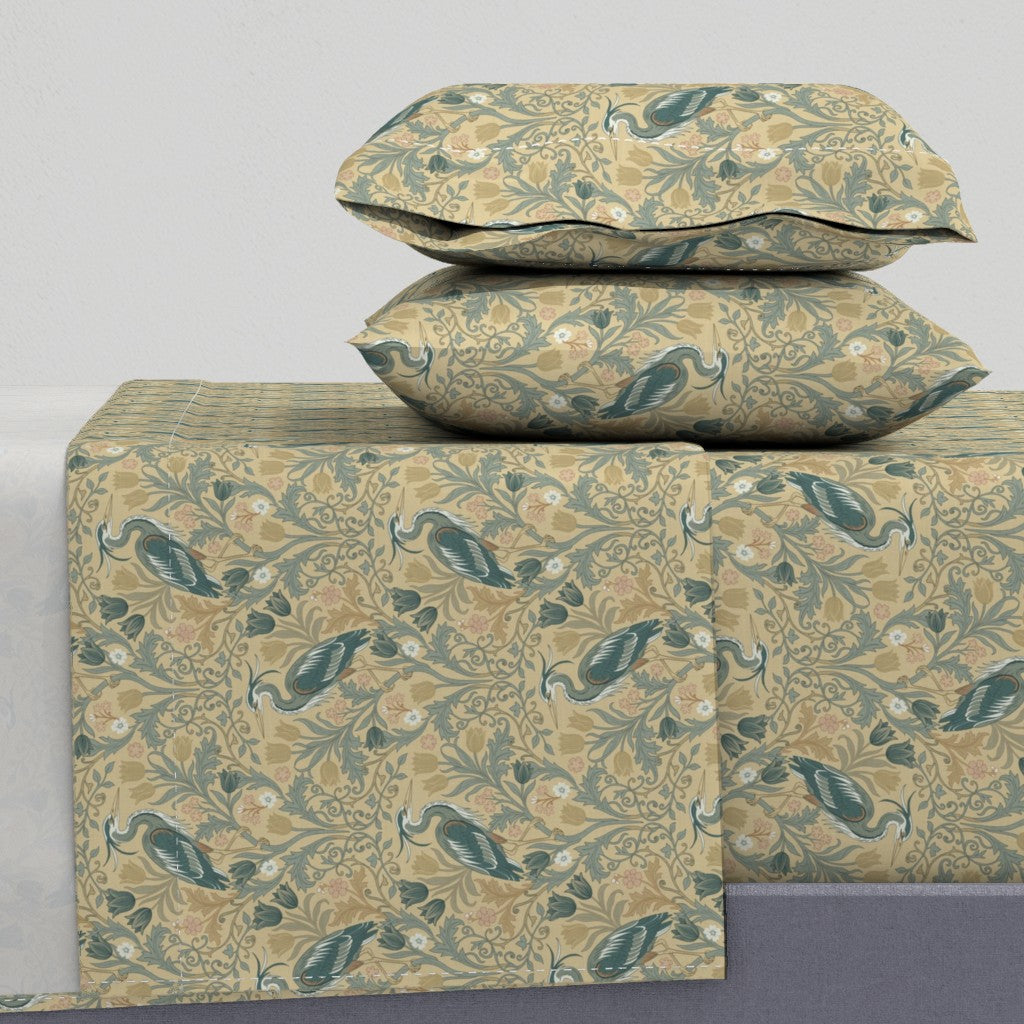 Heron with tulips and botanical vines in William Morris-Inspired style Sheet Set — Medium Scale — beige (alt)