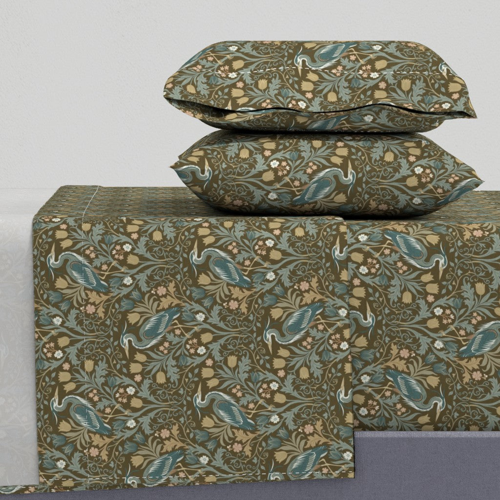 Heron with tulips and botanical vines in William Morris-Inspired style Sheet Set — Medium Scale — mocha