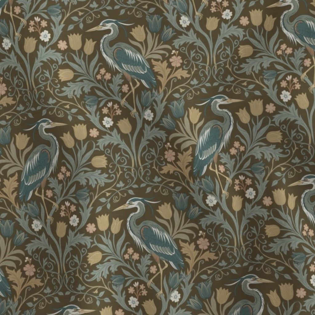 Heron with tulips and botanical vines in William Morris-Inspired style Fabric — Small Scale hero 1